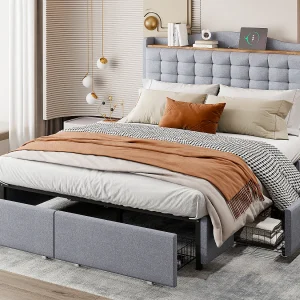 Gestoffeerd bed 140 x 200 cm met 4 lades en plank – USB-oplaadpoort – grijs Gestoffeerd bed 140 x 200 cm met 4 lades en plank – USB-oplaadpoort – grijs