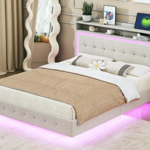 Gestoffeerd bed 140 x 200 cm met hoofdeinde – USB-aansluiting + LED's – linnenstof – beige Gestoffeerd bed 140 x 200 cm met hoofdeinde – USB-aansluiting + LED's – linnenstof – beige