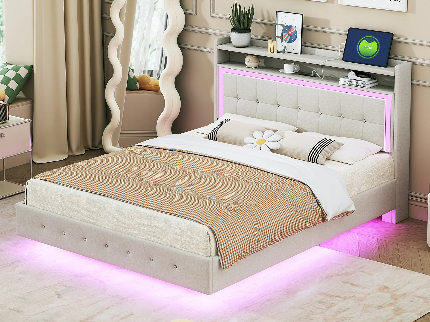 Gestoffeerd bed 140 x 200 cm met hoofdeinde - USB-aansluiting + LED's - linnenstof - beige
