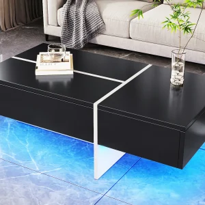 Glanzend zwarte salontafel, woonkamertafel, blad met marmerpatroon en LED, 100 x 50 x 34,5 cm