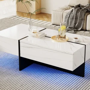 Glanzend witte salontafel, woonkamertafel, blad met marmerpatroon en LED, 100 x 50 x 34,5 cm