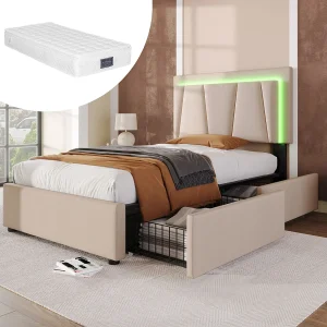 Gestoffeerd kinderbed 90 x 200 cm 2 lades + verstelbaar hoofdeinde – LED's – Beige + Matras Gestoffeerd kinderbed 90 x 200 cm 2 lades + verstelbaar hoofdeinde – LED's – Beige + Matras