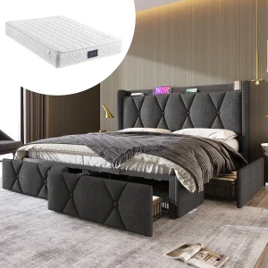 Gestoffeerd bed 140 x 200 cm met hoofdeinde en 4 lades – USB – linnen stof – grijs + Matras Gestoffeerd bed 140 x 200 cm met hoofdeinde en 4 lades – USB – linnen stof – grijs + Matras