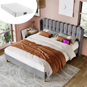Gewatteerd bed 160 x 200 cm voor volwassenen – USB + type C – linnen stof – grijs + matras Gewatteerd bed 160 x 200 cm voor volwassenen – USB + type C – linnen stof – grijs + matras