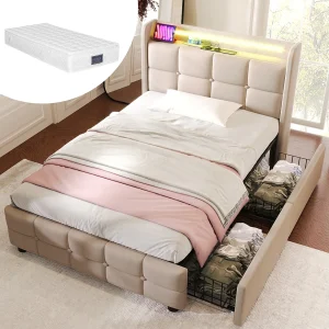 Gestoffeerd kinderbed 90 x 200 cm met 2 lades – USB + LED's – linnen stof – beige + matras Gestoffeerd kinderbed 90 x 200 cm met 2 lades – USB + LED's – linnen stof – beige + matras