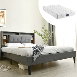 Gestoffeerd bed 140 x 200 cm met hoofdeinde – USB en LED's – Linnen stof – grijs + Matras Gestoffeerd bed 140 x 200 cm met hoofdeinde – USB en LED's – Linnen stof – grijs + Matras
