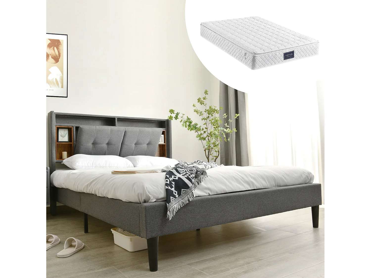 Gestoffeerd bed 140 x 200 cm met hoofdeinde - USB en LED's - Linnen stof - grijs + Matras