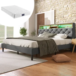 Gestoffeerd bed 140 x 200 cm met opberghoofdeinde – USB en LED's – Grijs + Matras Gestoffeerd bed 140 x 200 cm met opberghoofdeinde – USB en LED's – Grijs + Matras