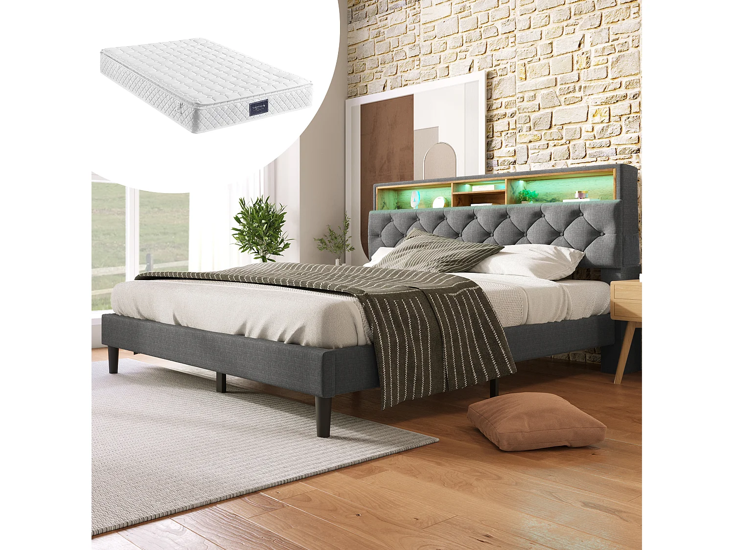 Gestoffeerd bed 140 x 200 cm met opberghoofdeinde - USB en LED's - Grijs + Matras