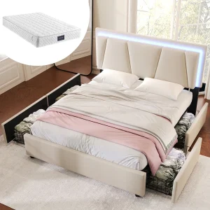 Gestoffeerd bed 140 x 200 cm met LED verlichting en 4 lades – verstelbaar hoofdeinde – Beige linnen stof + Matras Gestoffeerd bed 140 x 200 cm met LED verlichting en 4 lades – verstelbaar hoofdeinde – Beige linnen stof + Matras