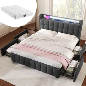 Gewatteerd bed voor volwassenen 160 x 200 cm met 4 laden – USB + LED's – linnen stof – grijs + matras Gewatteerd bed voor volwassenen 160 x 200 cm met 4 laden – USB + LED's – linnen stof – grijs + matras