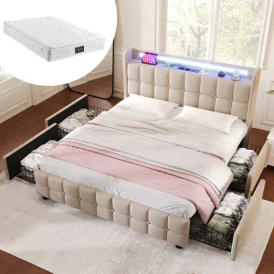 Gewatteerd bed voor volwassenen 140 x 200 cm met 4 laden – USB + LED's – linnen stof – beige + matras Gewatteerd bed voor volwassenen 140 x 200 cm met 4 laden – USB + LED's – linnen stof – beige + matras