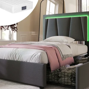 Gestoffeerd kinderbed 90 x 200 cm 2 lades + verstelbaar hoofdeinde – LED's – Grijs + Matras Gestoffeerd kinderbed 90 x 200 cm 2 lades + verstelbaar hoofdeinde – LED's – Grijs + Matras