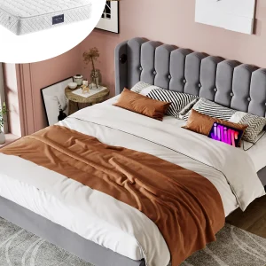 Gewatteerd bed 140 x 200 cm voor kinderen of volwassenen – USB + type C – linnen stof – grijs + matras Gewatteerd bed 140 x 200 cm voor kinderen of volwassenen – USB + type C – linnen stof – grijs + matras