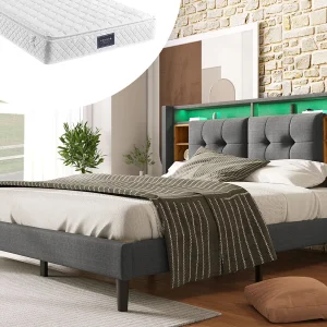 Gestoffeerd bed 160 x 200 cm met hoofdeinde – USB en LED's – Linnen stof – grijs + Matras Gestoffeerd bed 160 x 200 cm met hoofdeinde – USB en LED's – Linnen stof – grijs + Matras