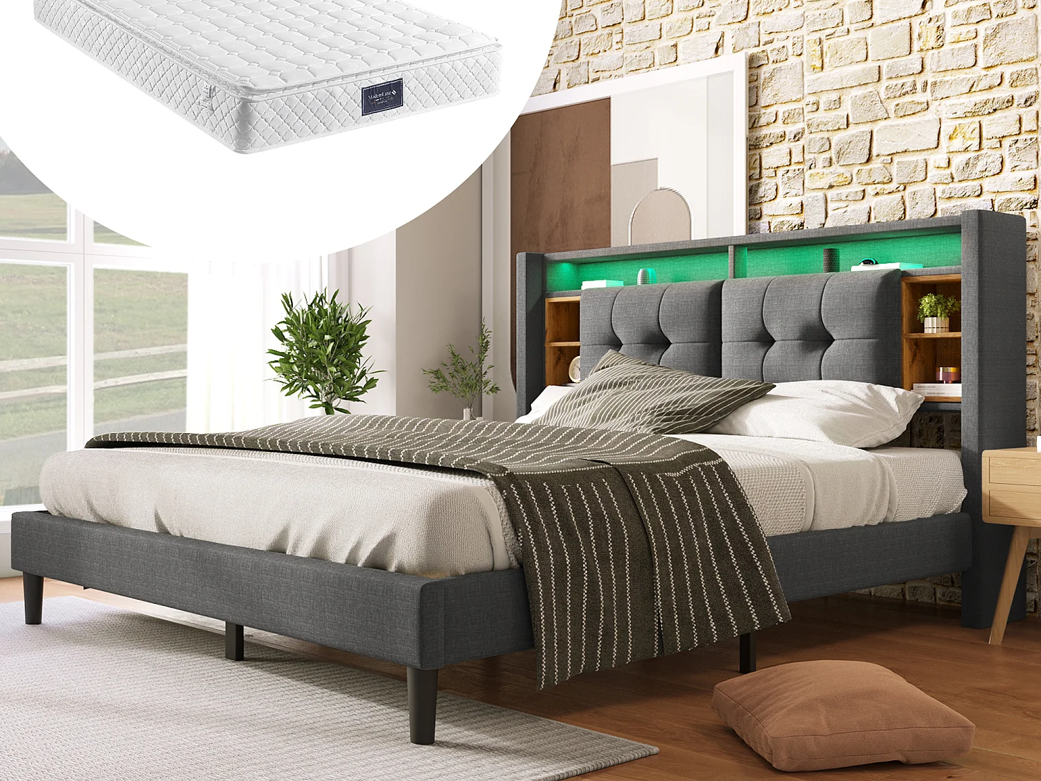 Gestoffeerd bed 160 x 200 cm met hoofdeinde - USB en LED's - Linnen stof - grijs + Matras