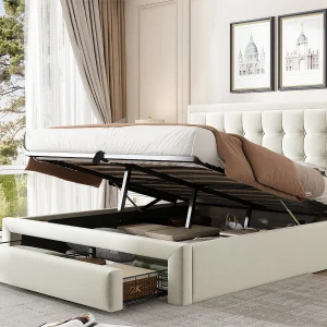 Gewatteerd opbergbed 140x190cm in fluweel – met lade en lattenbodem – Beige (zonder matras) Gewatteerd opbergbed 140x190cm in fluweel – met lade en lattenbodem – Beige (zonder matras)