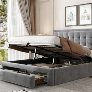 Gewatteerd opbergbed 140x190cm in fluweel – met lade en lattenbodem – Grijs (zonder matras) Gewatteerd opbergbed 140x190cm in fluweel – met lade en lattenbodem – Grijs (zonder matras)