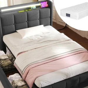 Gestoffeerd kinderbed 90 x 200 cm met 2 lades – USB + LED's – linnen stof – grijs + matras Gestoffeerd kinderbed 90 x 200 cm met 2 lades – USB + LED's – linnen stof – grijs + matras