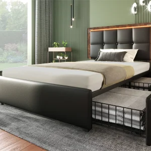 Gestoffeerd bed met LED-verlichting en 4 laden – 90×200 cm – Hoofdeinde in hoogte verstelbaar – in zwart kunstleer Gestoffeerd bed met LED-verlichting en 4 laden – 90×200 cm – Hoofdeinde in hoogte verstelbaar – in zwart kunstleer