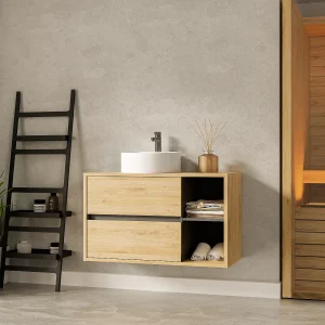 Hangmeubel voor badkamer met ronde wastafel, naturelkleurig, 100 cm, PURNAL