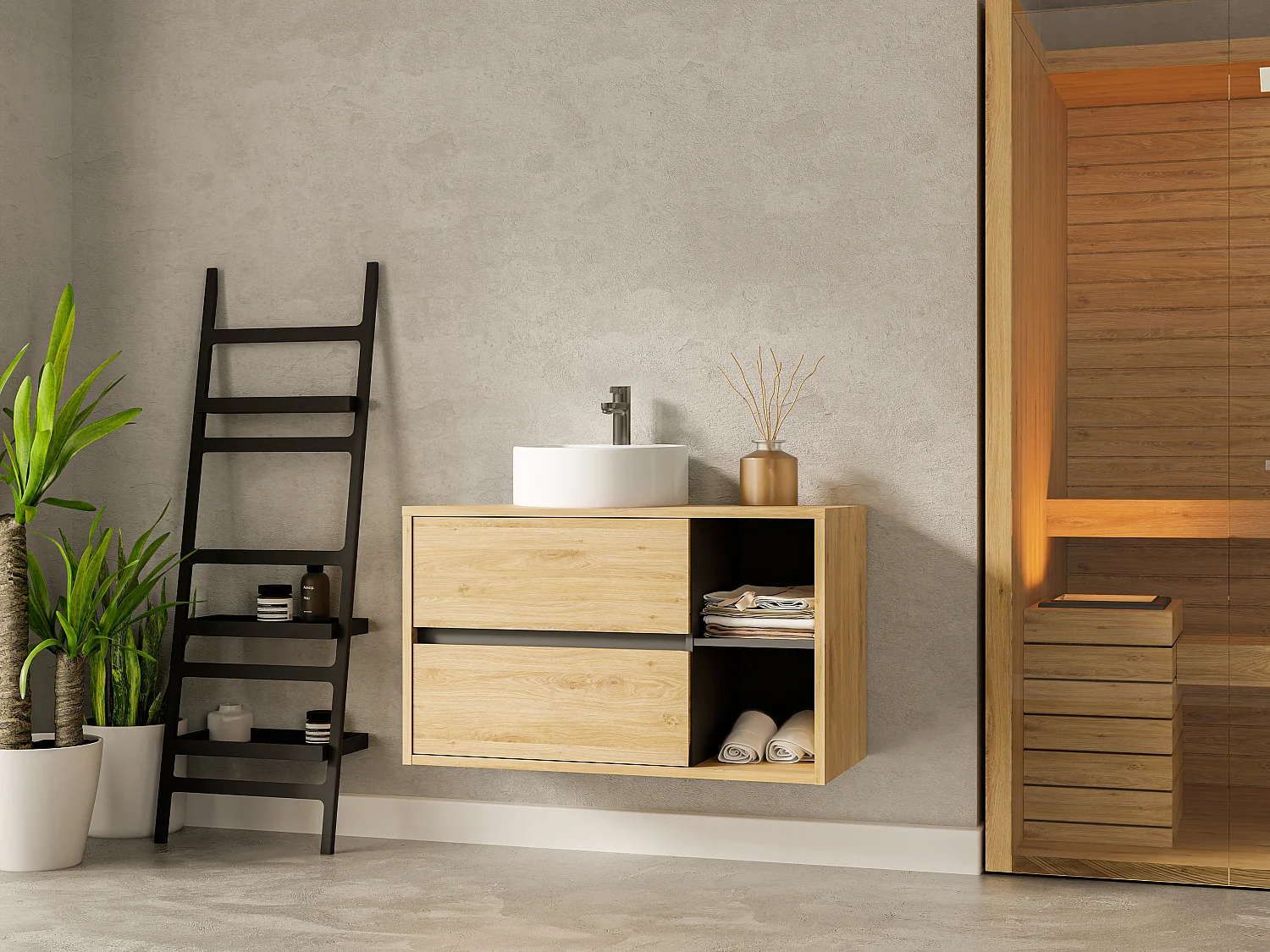 Hangmeubel voor badkamer met ronde wastafel, naturelkleurig, 100 cm, PURNAL