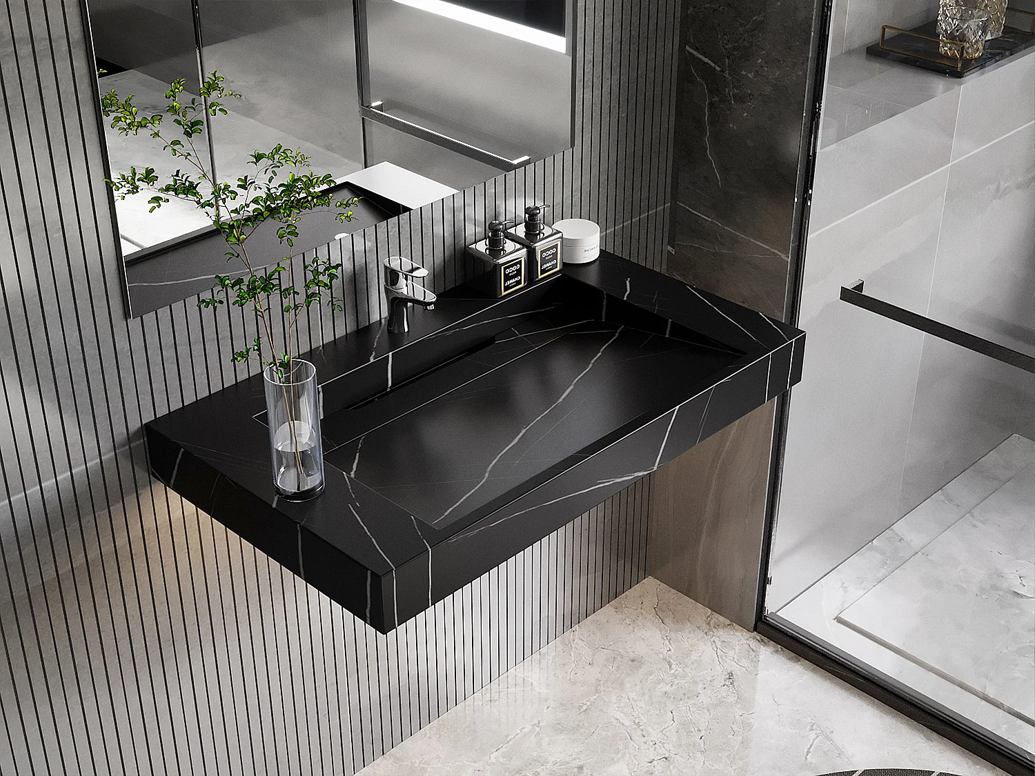 Hangende solid surface wastafel in zwart marmer effect TAKOTNA - L.90.2 x B.45.2 x H.8 cm