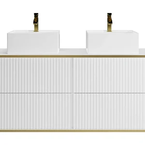Wit geribbeld hangmeubel voor badkamer met goudkleurige rand, dubbele opbouwwastafel, 120 cm, KELIZA Wit geribbeld hangmeubel voor badkamer met goudkleurige rand, dubbele opbouwwastafel, 120 cm, KELIZA