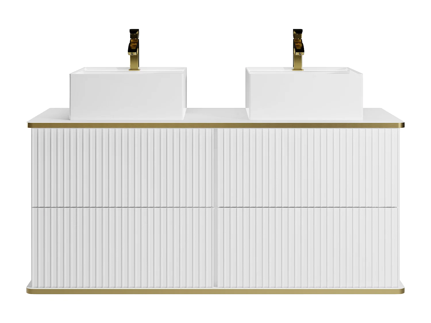 Wit geribbeld hangmeubel voor badkamer met goudkleurige rand, dubbele opbouwwastafel, 120 cm, KELIZA