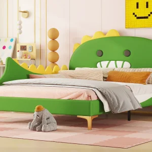 Gestoffeerd bed 140 x 200 cm met dinosaurusvormig hoofdeinde, PU leer, Lattenbodem, Groen Gestoffeerd bed 140 x 200 cm met dinosaurusvormig hoofdeinde, PU leer, Lattenbodem, Groen