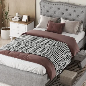 Gestoffeerd bed 90 x 200 cm met 2 lades, Linnen bekleding met decoratieve klinknagels, Grijs