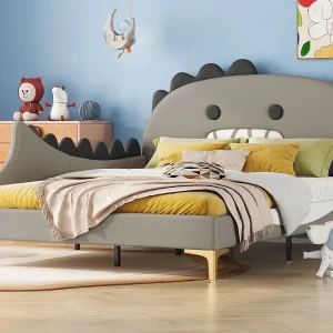 Gestoffeerd bed 140 x 200 cm met dinosaurusvormig hoofdeinde, PU leer, Lattenbodem, Grijs Gestoffeerd bed 140 x 200 cm met dinosaurusvormig hoofdeinde, PU leer, Lattenbodem, Grijs