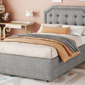 Gestoffeerd bed 90 x 200 cm, linnen stoffen bekleding met decoratieve klinknagels, 2 lades en lattenbodem, grijs