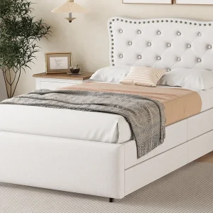 Gestoffeerd bed 90 x 200 cm met 2 lades, Linnen bekleding met decoratieve klinknagels, Wit