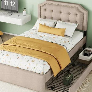Gestoffeerd bed 90 x 200 cm, linnen stoffen bekleding met decoratieve klinknagels, 2 lades en lattenbodem, donkerbeige