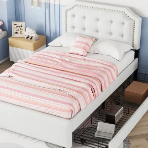 Gestoffeerd bed 90 x 200 cm, linnen bekleding met decoratieve klinknagels, 2 lades en lattenbodem, lichtbeige