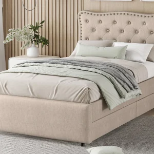 Gestoffeerd bed 90 x 200 cm met 2 laden, linnen bekleding met decoratieve klinknagels, donkerbeige