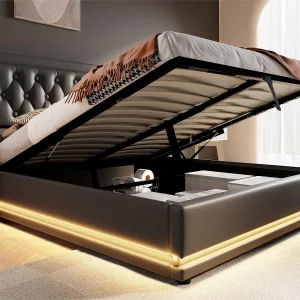 Gewatteerd opbergbed 180 x 200 cm in kunstleer – met oplaadfunctie en LED aan het voeteneinde – Zwart Gewatteerd opbergbed 180 x 200 cm in kunstleer – met oplaadfunctie en LED aan het voeteneinde – Zwart