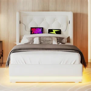 Gewatteerd opbergbed 90 x 200 cm in kunstleer – met oplaadfunctie en LED aan het voeteneinde – Wit