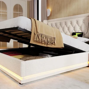 Gewatteerd opbergbed 140 x 200 cm in katoenen stof – met oplaadfunctie en LED aan het voeteneinde – Beige Gewatteerd opbergbed 140 x 200 cm in katoenen stof – met oplaadfunctie en LED aan het voeteneinde – Beige