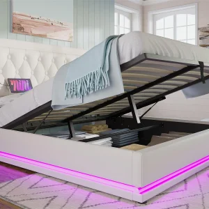 Gewatteerd opbergbed 160 x 200 cm in kunstleer – met oplaadfunctie en LED aan het voeteneinde – Wit Gewatteerd opbergbed 160 x 200 cm in kunstleer – met oplaadfunctie en LED aan het voeteneinde – Wit