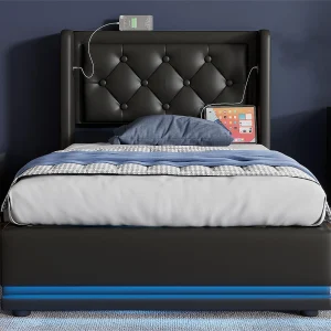 Gewatteerd opbergbed 90 x 200 cm in kunstleer – met oplaadfunctie en LED aan het voeteneinde – Zwart