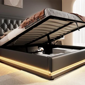Gewatteerd opbergbed 160 x 200 cm in kunstleer – met oplaadfunctie en LED aan het voeteneinde – Zwart Gewatteerd opbergbed 160 x 200 cm in kunstleer – met oplaadfunctie en LED aan het voeteneinde – Zwart