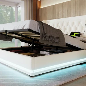 Gewatteerd opbergbed 180 x 200 cm in kunstleer – met oplaadfunctie en LED aan het voeteneinde – Wit Gewatteerd opbergbed 180 x 200 cm in kunstleer – met oplaadfunctie en LED aan het voeteneinde – Wit