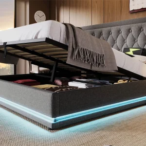 Gewatteerd opbergbed 140 x 200 cm in katoenen stof – met oplaadfunctie en LED aan het voeteneinde – Grijs Gewatteerd opbergbed 140 x 200 cm in katoenen stof – met oplaadfunctie en LED aan het voeteneinde – Grijs