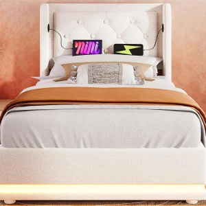 Gewatteerd opbergbed 90 x 200 cm in katoenen stof – met oplaadfunctie en LED aan het voeteneinde – Beige