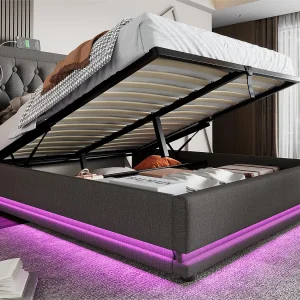Gewatteerd opbergbed 180 x 200 cm in katoenen stof – met oplaadfunctie en LED aan het voeteneinde – Grijs Gewatteerd opbergbed 180 x 200 cm in katoenen stof – met oplaadfunctie en LED aan het voeteneinde – Grijs