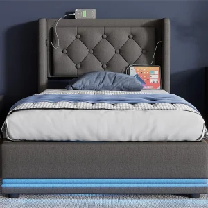 Gewatteerd opbergbed 90 x 200 cm in katoenen stof – met oplaadfunctie en LED aan het voeteneinde – Grijs