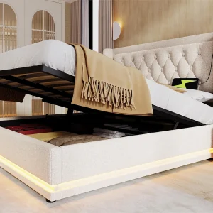Gewatteerd opbergbed 180 x 200 cm in katoenen stof – met oplaadfunctie en LED aan het voeteneinde – Beige Gewatteerd opbergbed 180 x 200 cm in katoenen stof – met oplaadfunctie en LED aan het voeteneinde – Beige