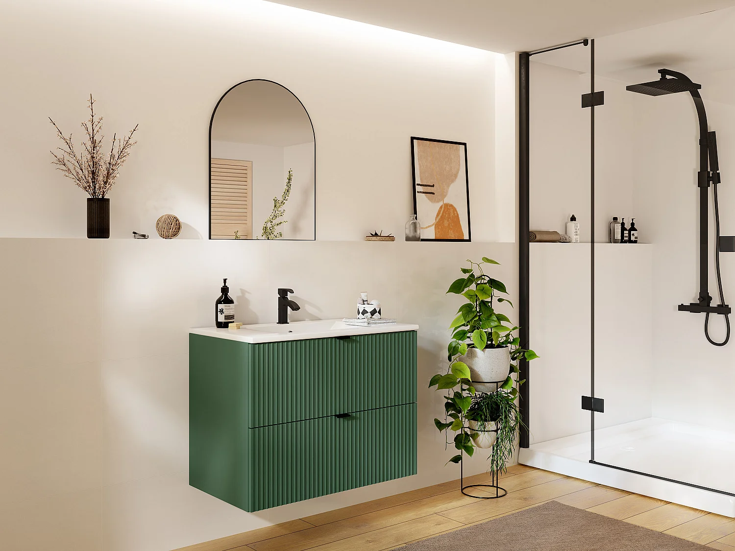 Gestreept hangmeubel voor badkamer met inbouwwastafel, groen, 80 cm, ZEVINI